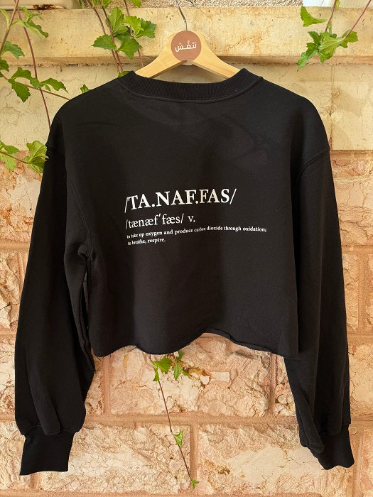 SWEATSHIRT CROP TOP - BLACK - WITH WHITE ENGLISH WRITING